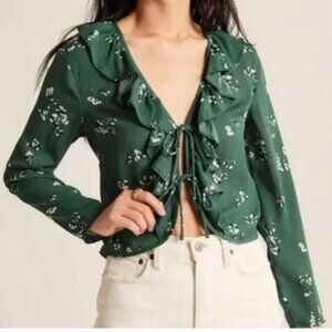 Abercrombie & Fitch Floral Green Tie Front Ruffle Blouse Size XS